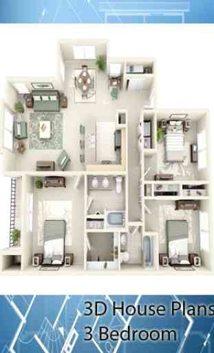 3D House Plans - 3 Bedroom 1