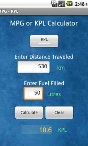 Fuel MPG & KPL Calculator 2