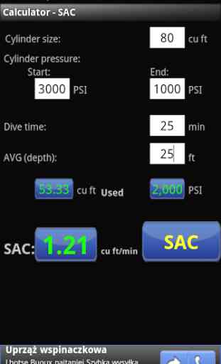 Scuba Diving calculator - SAC 2