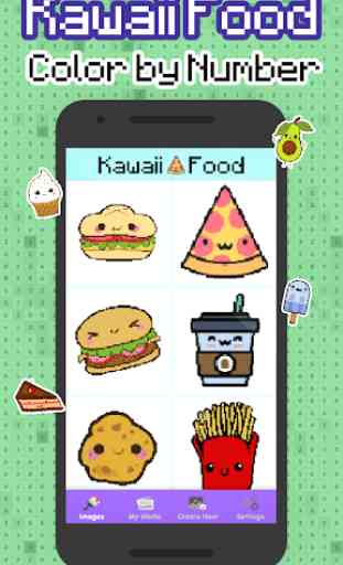 Kawaii Food pixel art - Food coloring by numbers 1