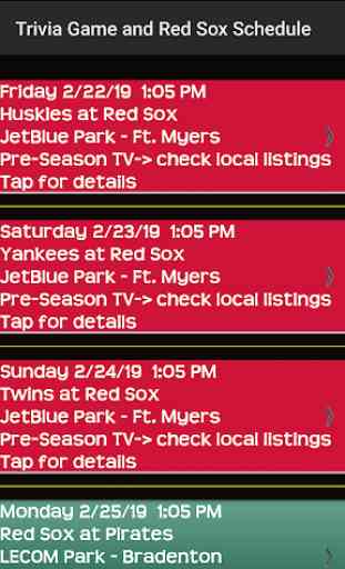 Schedule for Boston Red Sox fans and Trivia Game 2