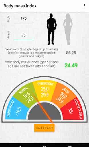 Calorie calculator, BMI, body fat percentage. 1